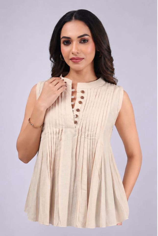 Beige Pintuck Peplum Top | Pure Cotton Sleeveless Kurta Top for Women
