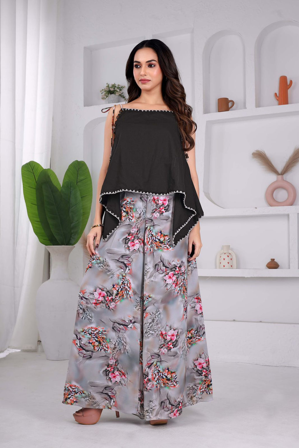Black Peplum Top & Floral Palazzo Co-ord Set