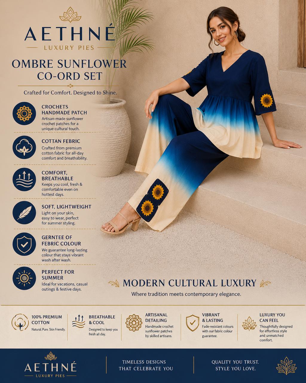Blue Ombre Co-ord Set | Pure Cotton Sunflower Crochet Peplum Top & Palazzo Pants