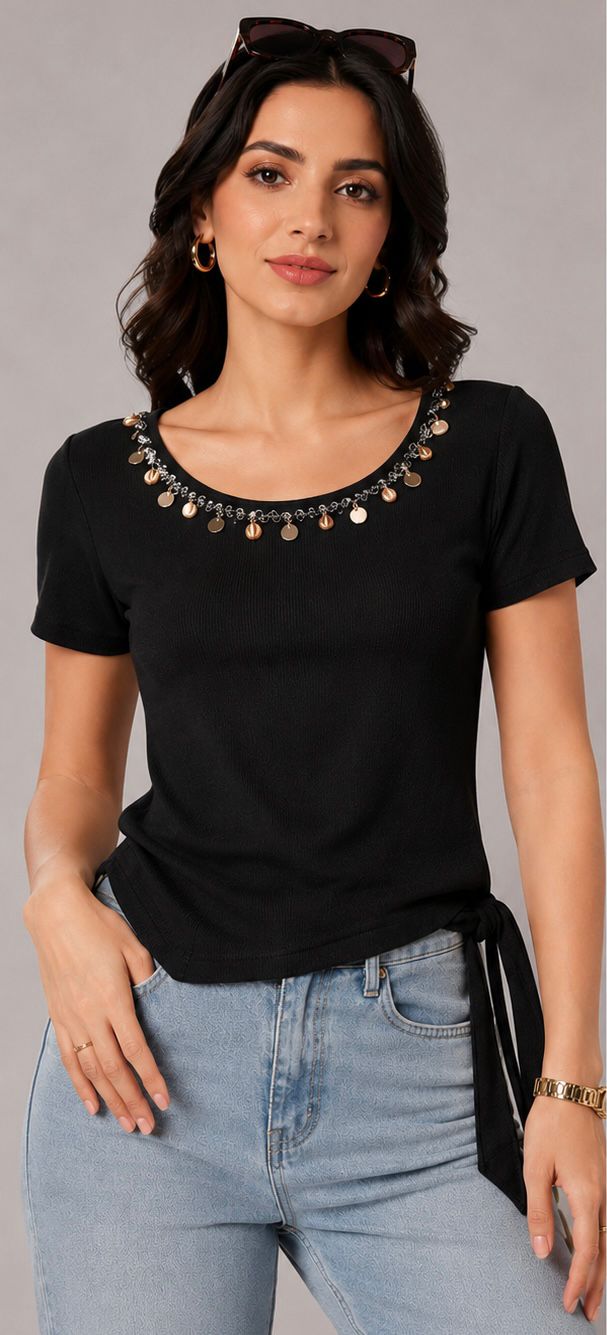 Black Coin Charm Neckline Ribbed Top