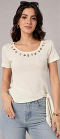 Off White Yellow Coin Charm Neckline Ribbed Top