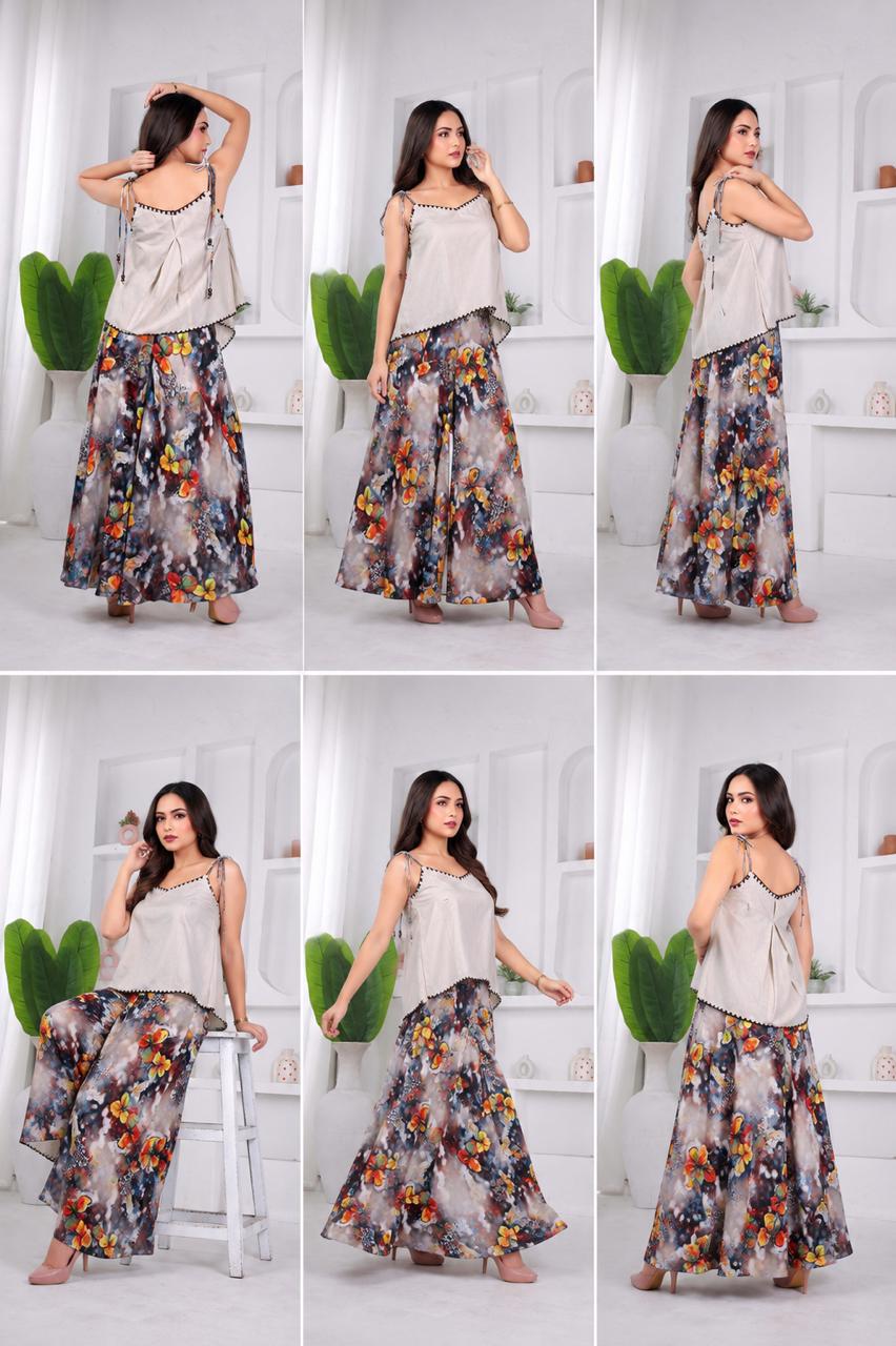 Beige Peplum Top & Butterfly Print Palazzo Co-ord Set