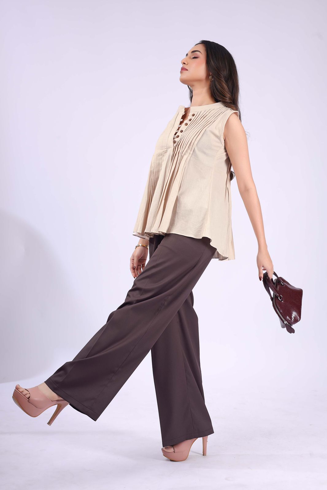 Cream Pintuck Peplum Top & Brown Palazzo Co-ord Set
