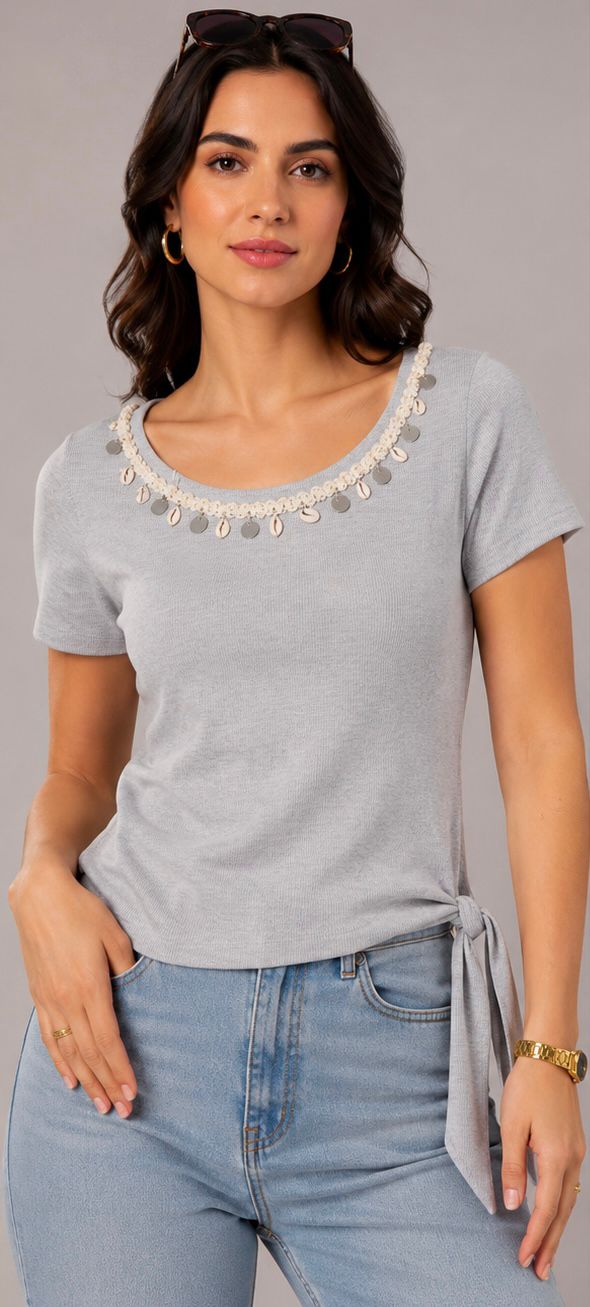 Gray Coin Charm Neckline Ribbed Top