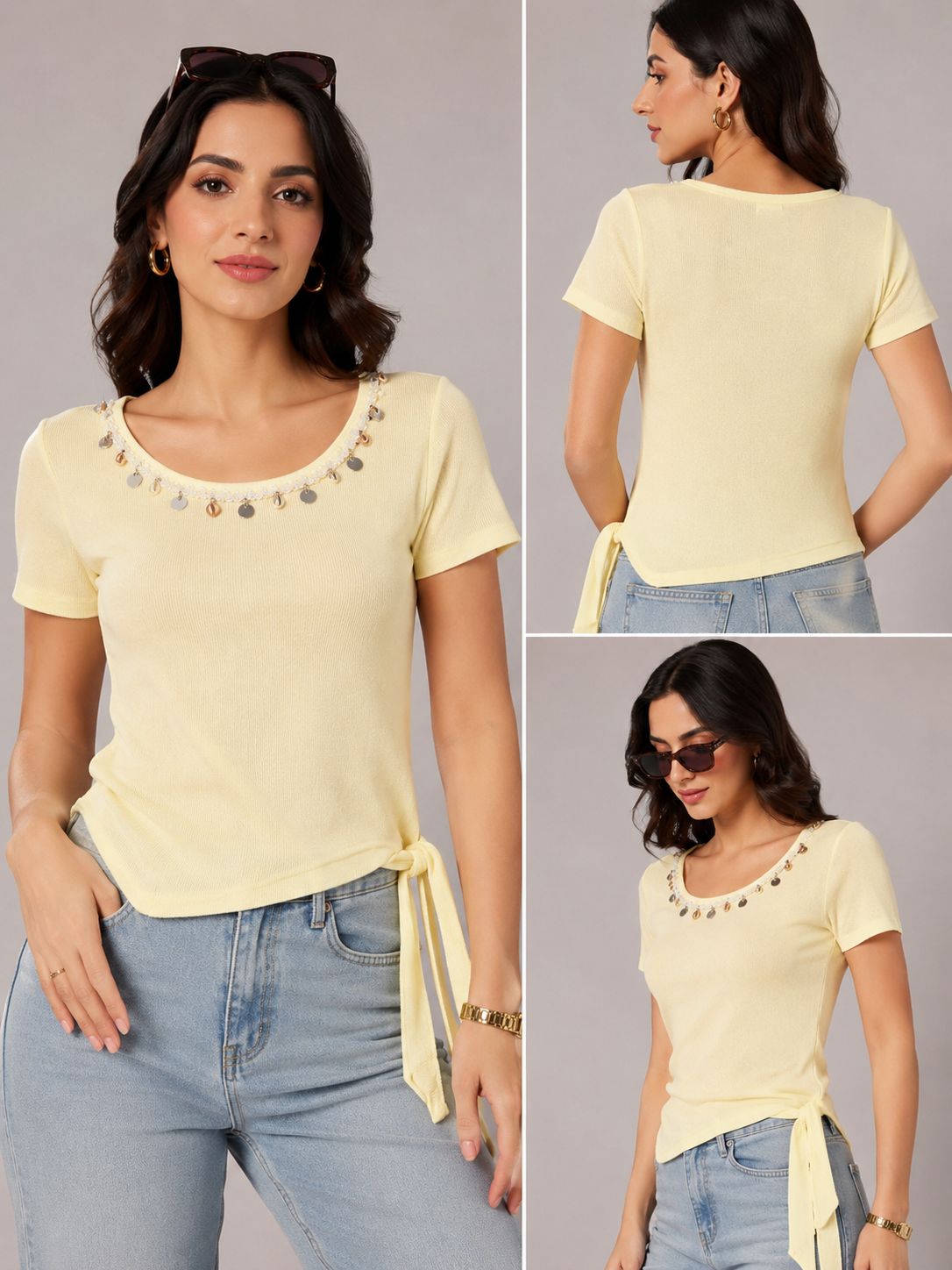 LIte Yellow Coin Charm Neckline Ribbed Top