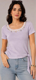 Purple Coin Charm Neckline Ribbed Top