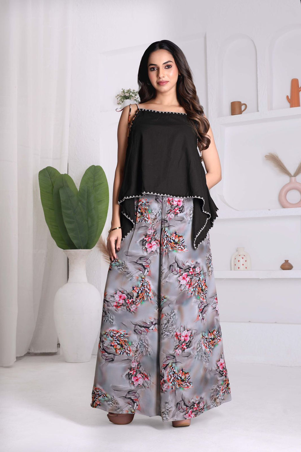 Black Peplum Top & Floral Palazzo Co-ord Set