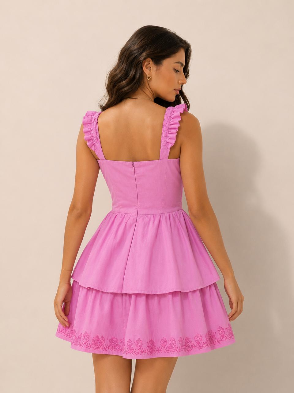 Pink Tiered Ruffle Mini Dress | Pure Cotton Schiffli Embroidery Dress for Women