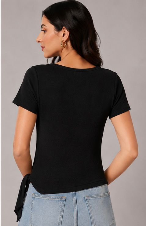 Black Coin Charm Neckline Ribbed Top
