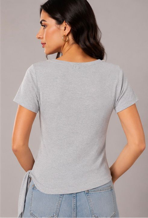 Gray Coin Charm Neckline Ribbed Top