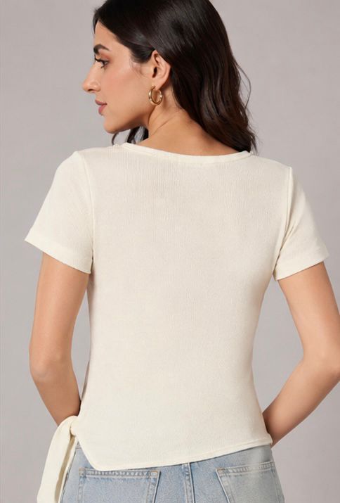 Off White Yellow Coin Charm Neckline Ribbed Top