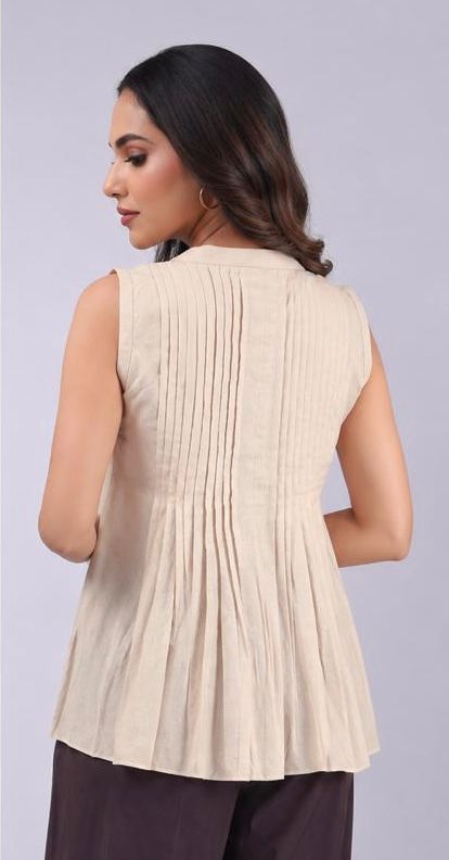 Beige Pintuck Peplum Top | Pure Cotton Sleeveless Kurta Top for Women