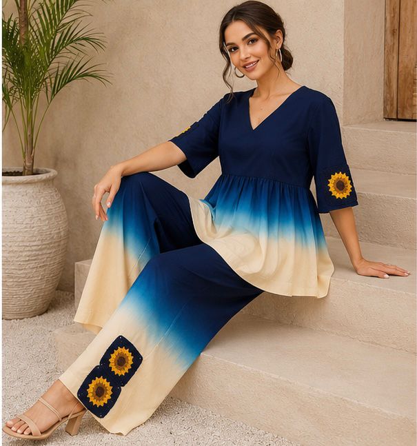 Blue Ombre Co-ord Set | Pure Cotton Sunflower Crochet Peplum Top & Palazzo Pants