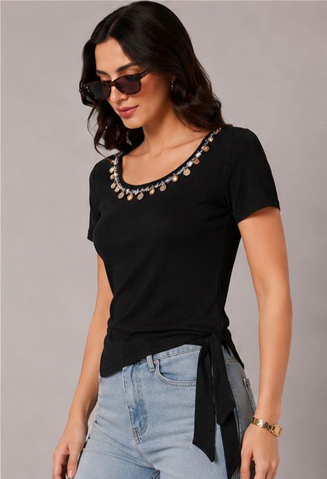 Black Coin Charm Neckline Ribbed Top