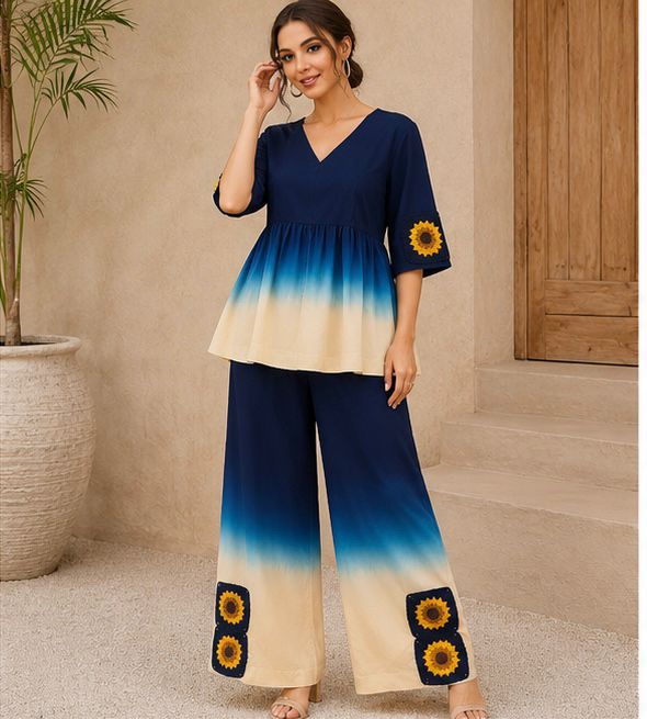 Blue Ombre Co-ord Set | Pure Cotton Sunflower Crochet Peplum Top & Palazzo Pants