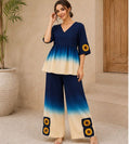 Blue Ombre Co-ord Set | Pure Cotton Sunflower Crochet Peplum Top & Palazzo Pants