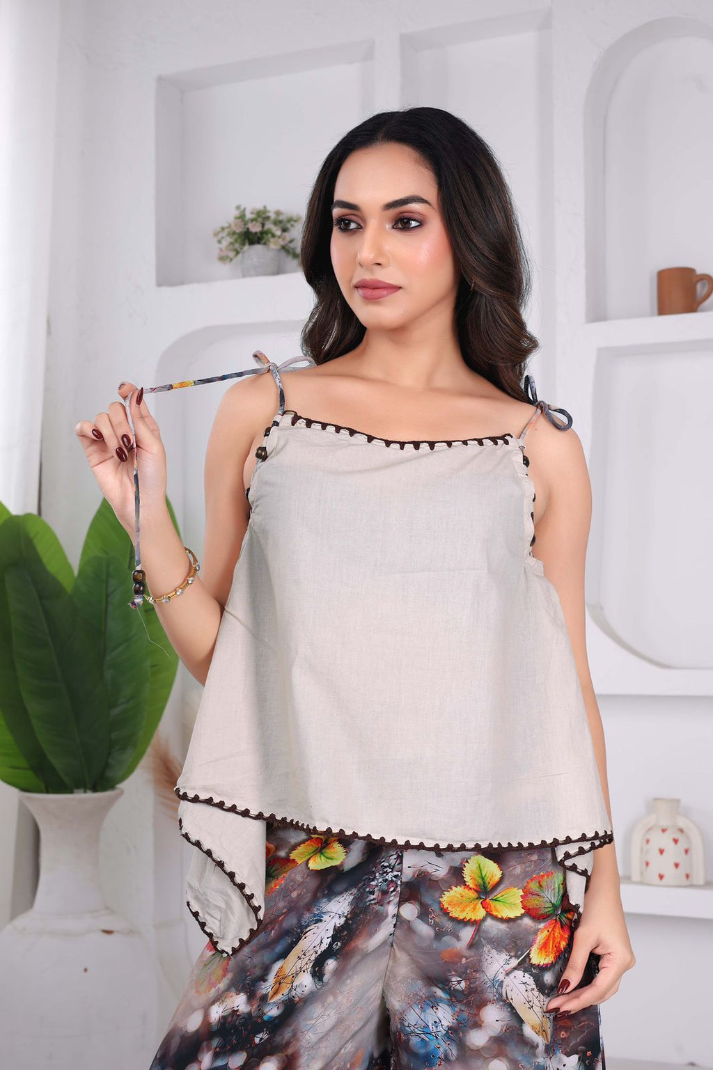 Beige Peplum Top & Butterfly Print Palazzo Co-ord Set
