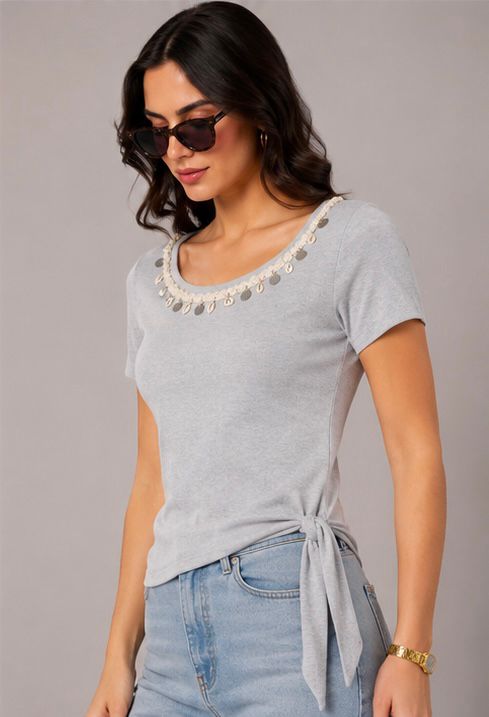 Gray Coin Charm Neckline Ribbed Top
