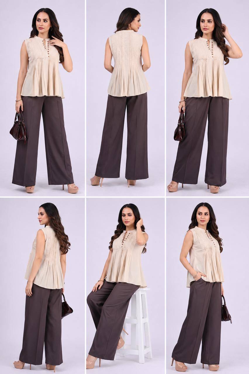 Cream Pintuck Peplum Top & Brown Palazzo Co-ord Set