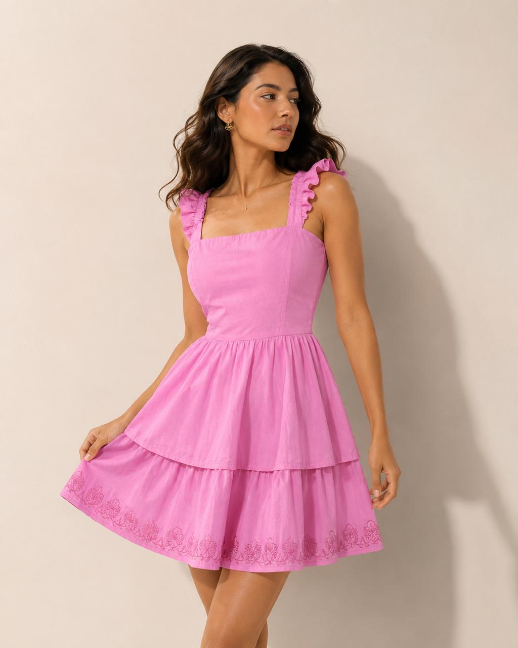 Pink Tiered Ruffle Mini Dress | Pure Cotton Schiffli Embroidery Dress for Women