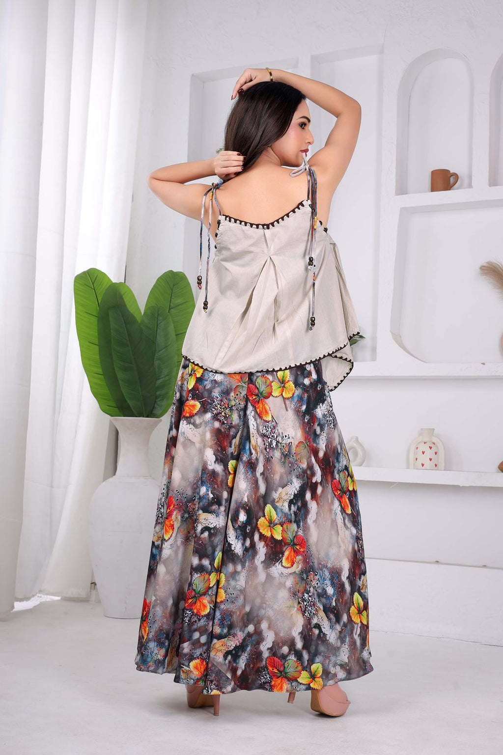 Beige Peplum Top & Butterfly Print Palazzo Co-ord Set