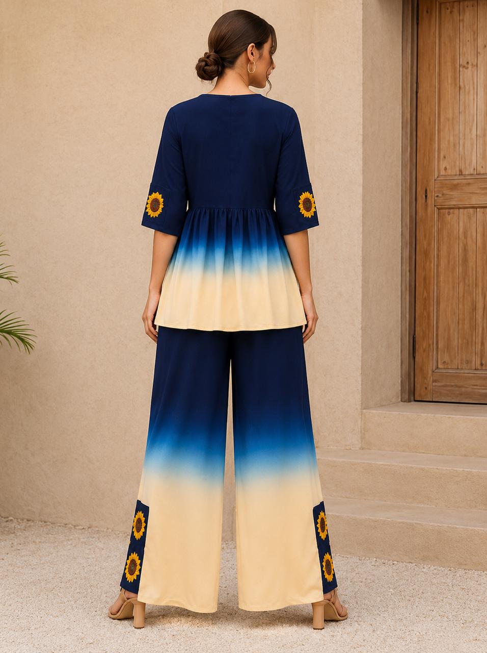 Blue Ombre Co-ord Set | Pure Cotton Sunflower Crochet Peplum Top & Palazzo Pants