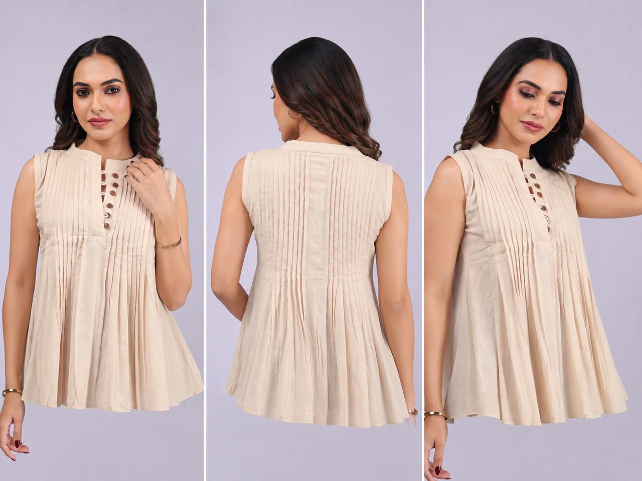 Beige Pintuck Peplum Top | Pure Cotton Sleeveless Kurta Top for Women