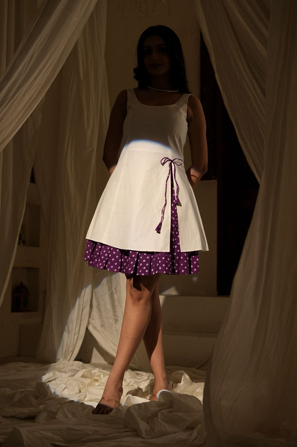 White & Purple Bandhani Layered Dress | Indo-Fusion Mini Kurta Set