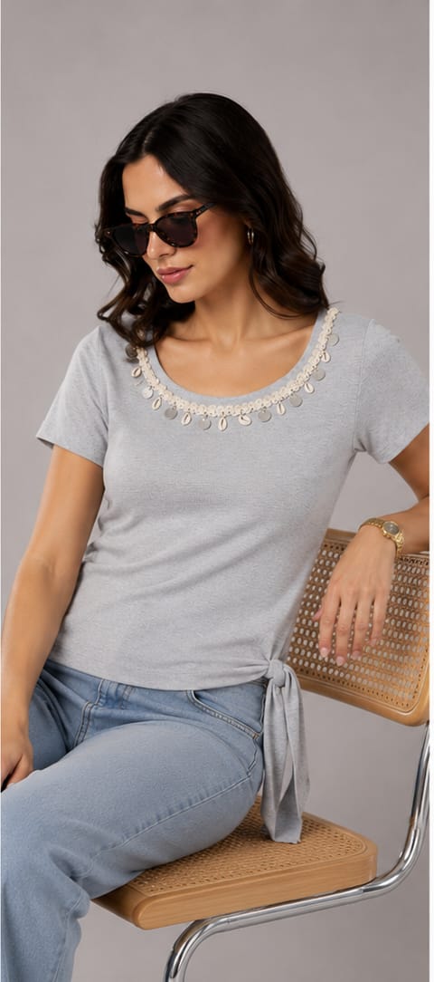 Gray Coin Charm Neckline Ribbed Top