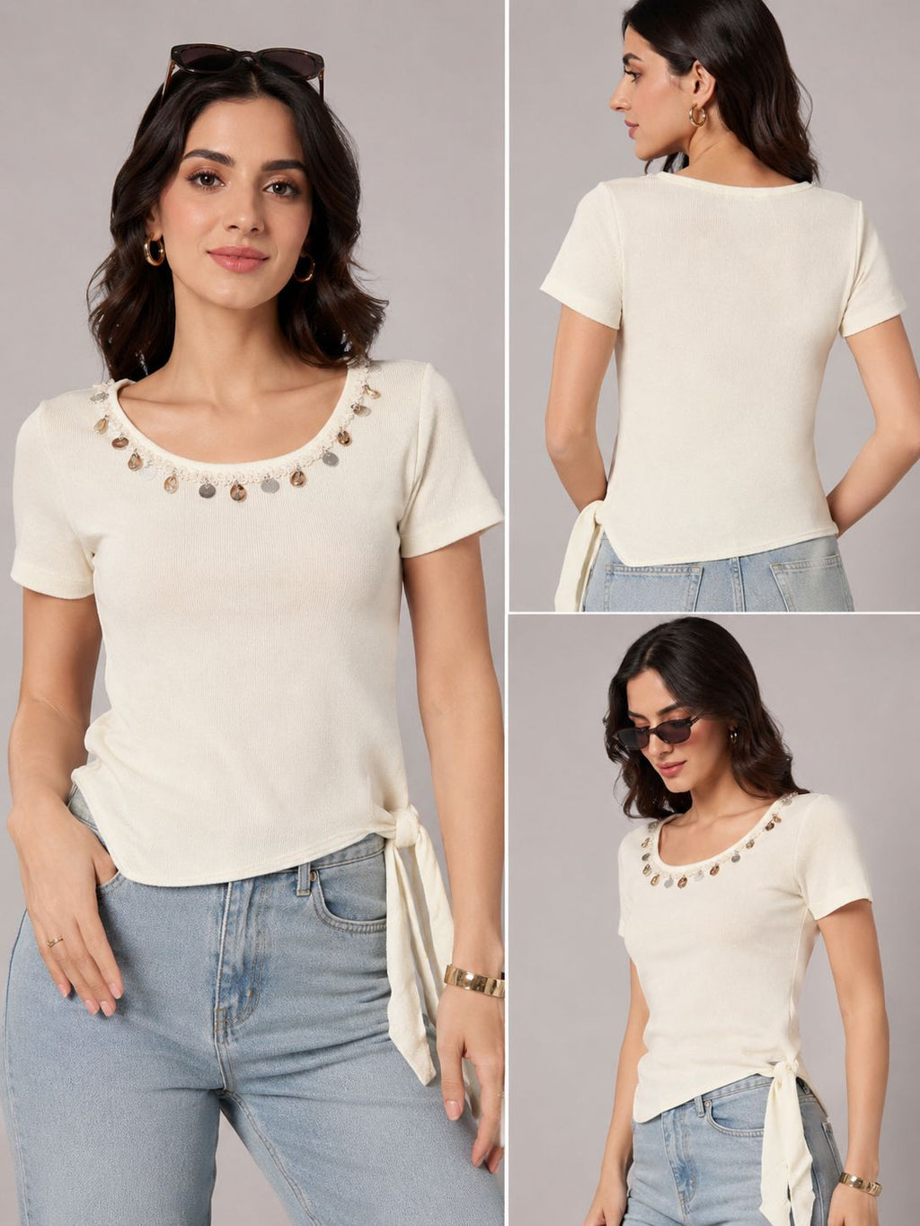 Off White Yellow Coin Charm Neckline Ribbed Top