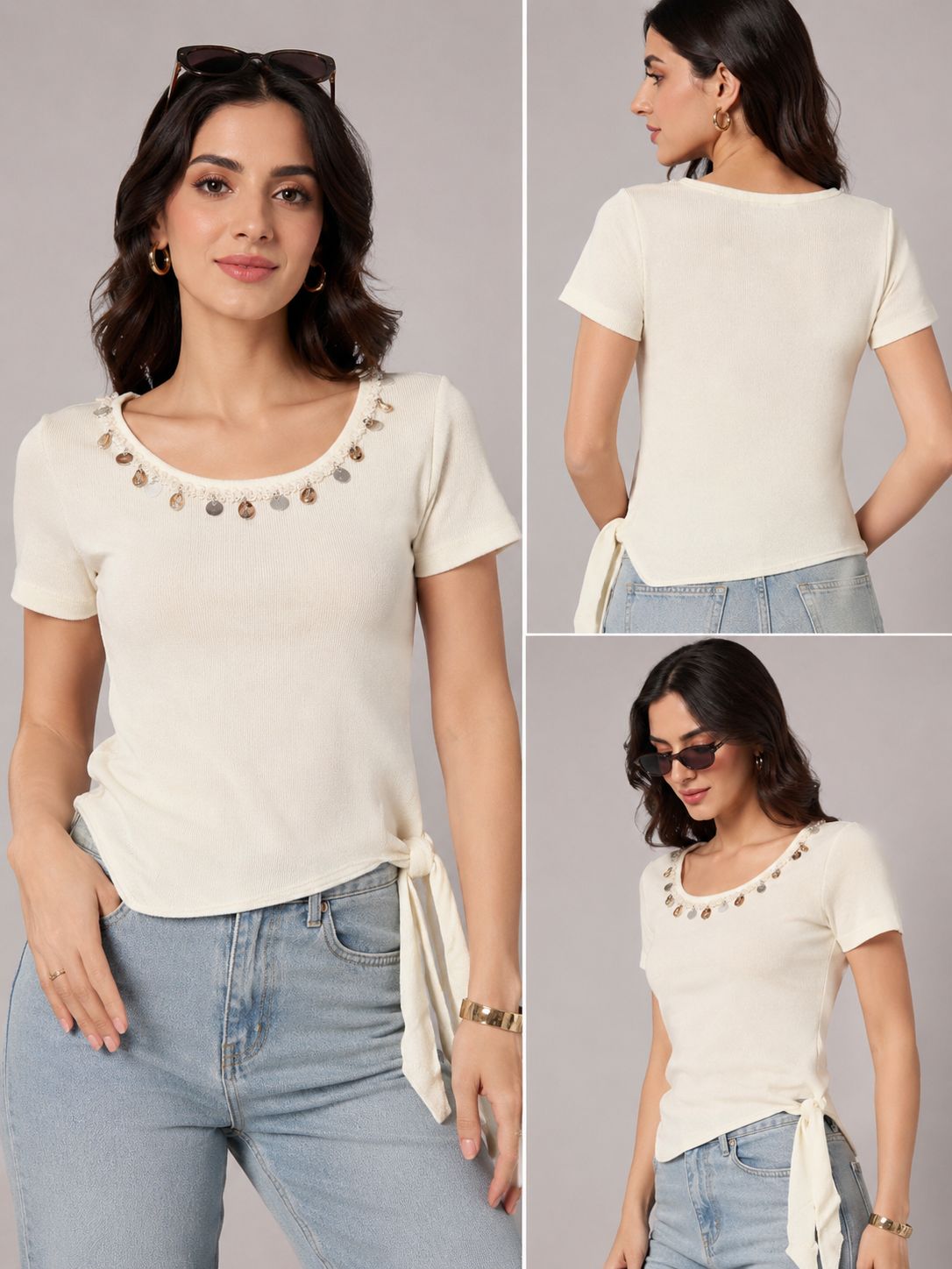Off White Yellow Coin Charm Neckline Ribbed Top