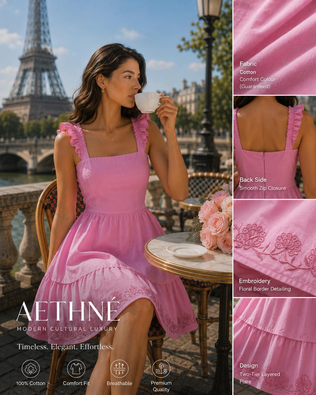 Pink Tiered Ruffle Mini Dress | Pure Cotton Schiffli Embroidery Dress for Women