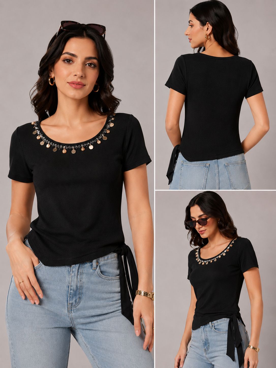 Black Coin Charm Neckline Ribbed Top