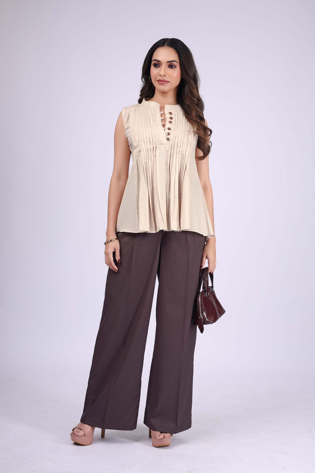 Cream Pintuck Peplum Top & Brown Palazzo Co-ord Set