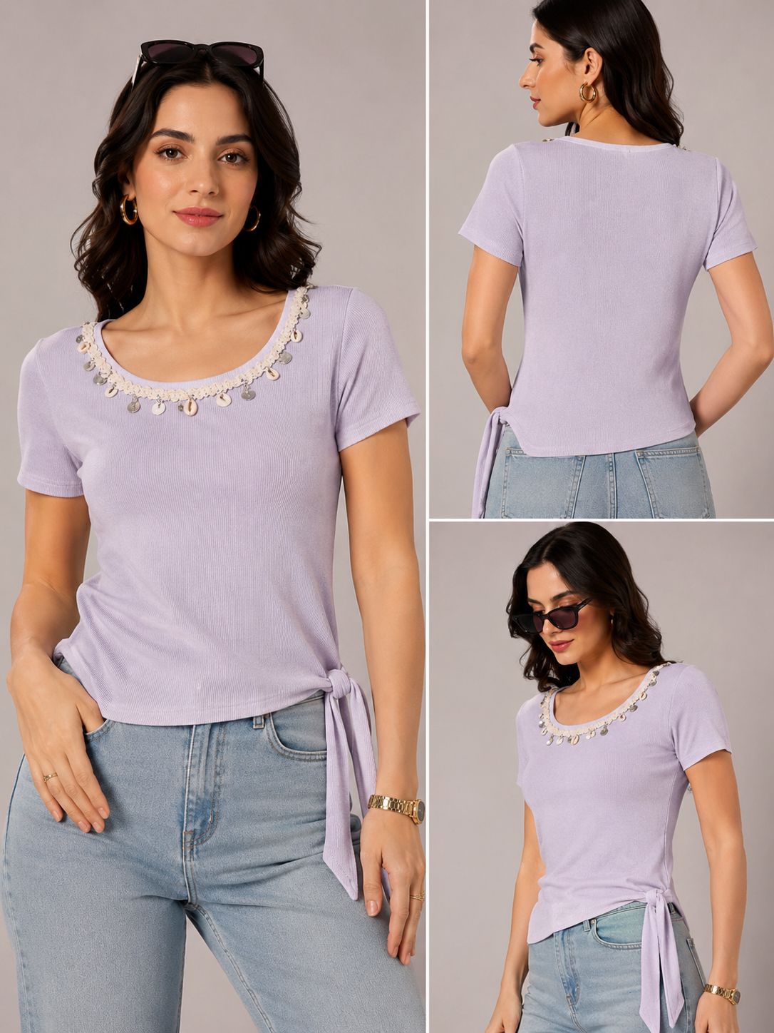 Purple Coin Charm Neckline Ribbed Top