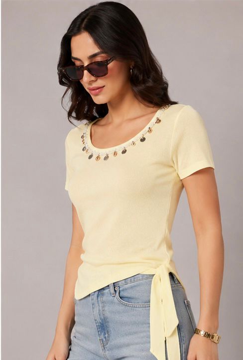 LIte Yellow Coin Charm Neckline Ribbed Top