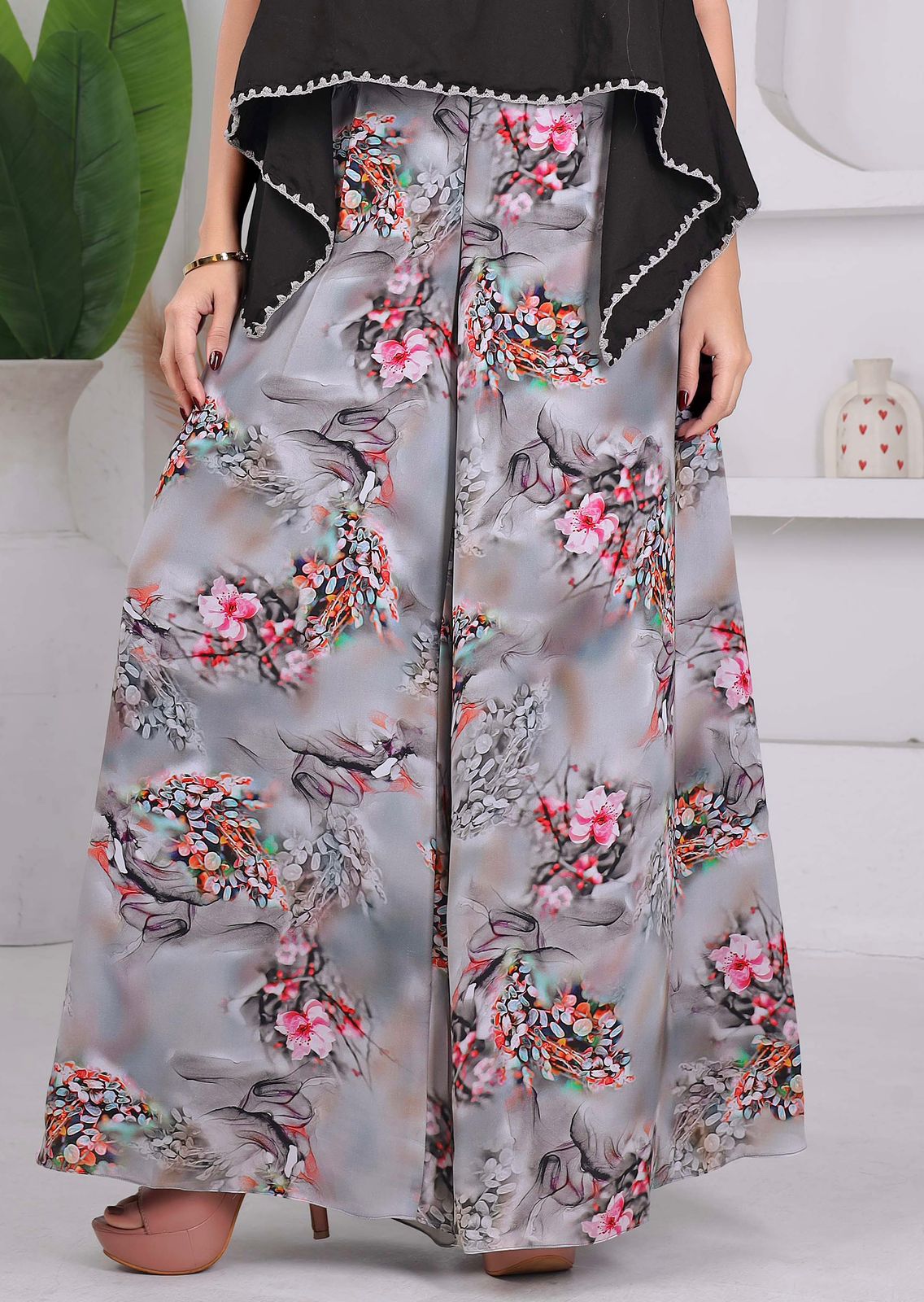 Black Peplum Top & Floral Palazzo Co-ord Set