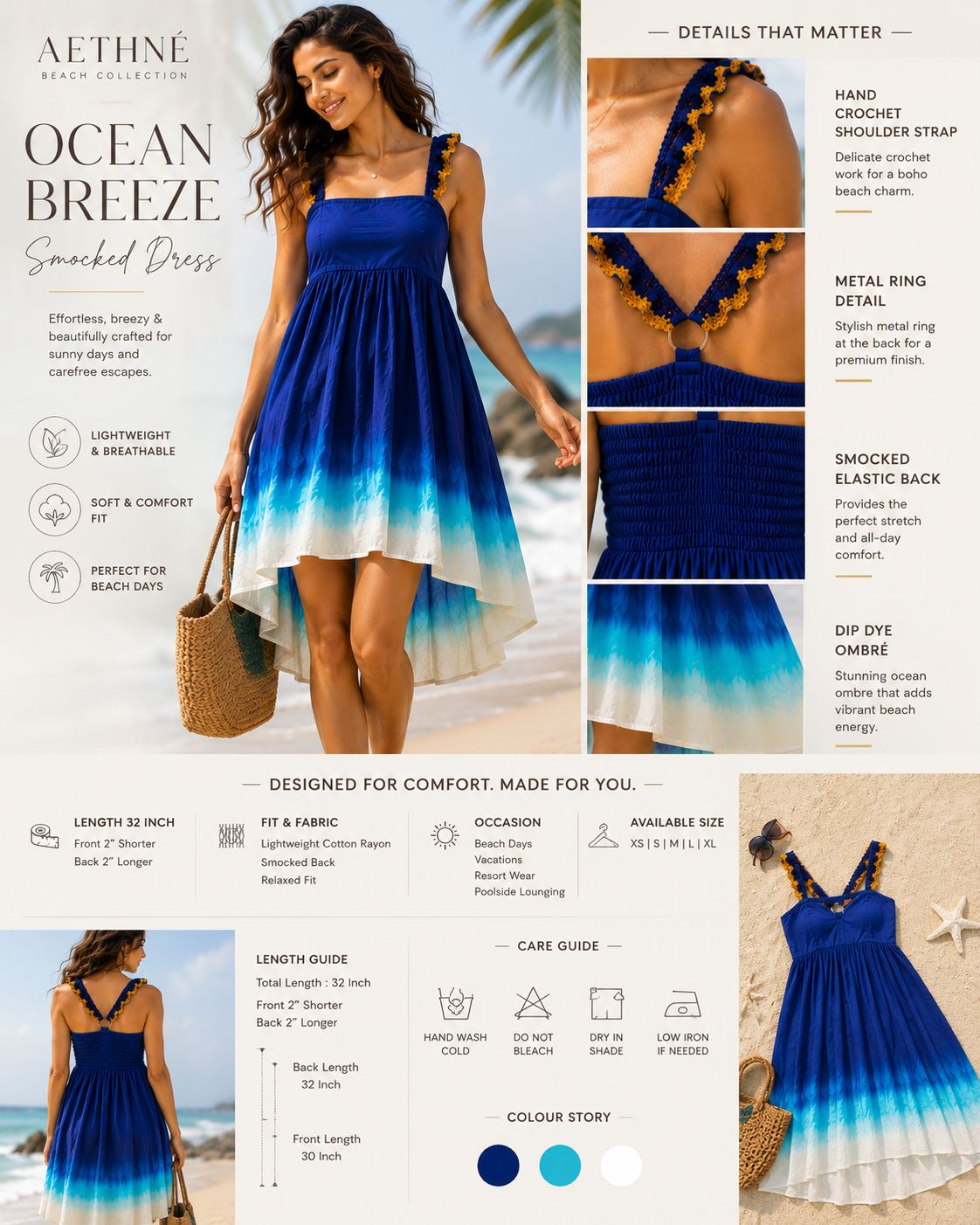 Blue Ombre Mini Dress | Pure Cotton Beach Dress for Women