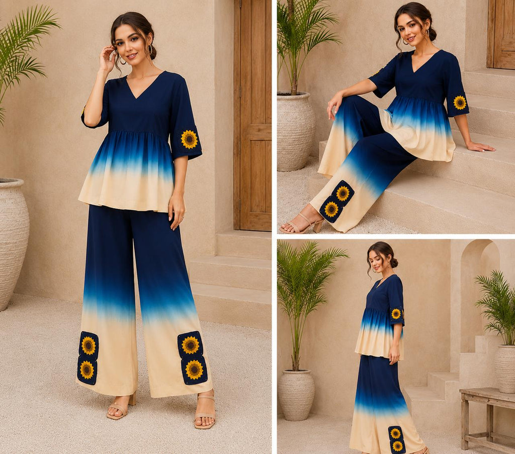 Blue Ombre Co-ord Set | Pure Cotton Sunflower Crochet Peplum Top & Palazzo Pants