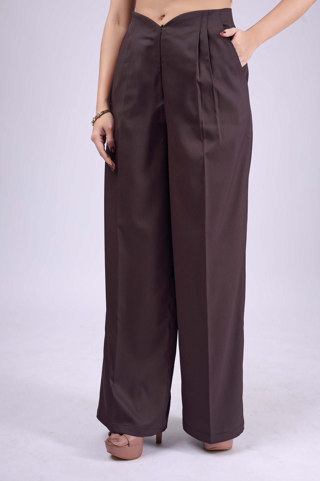 Cream Pintuck Peplum Top & Brown Palazzo Co-ord Set