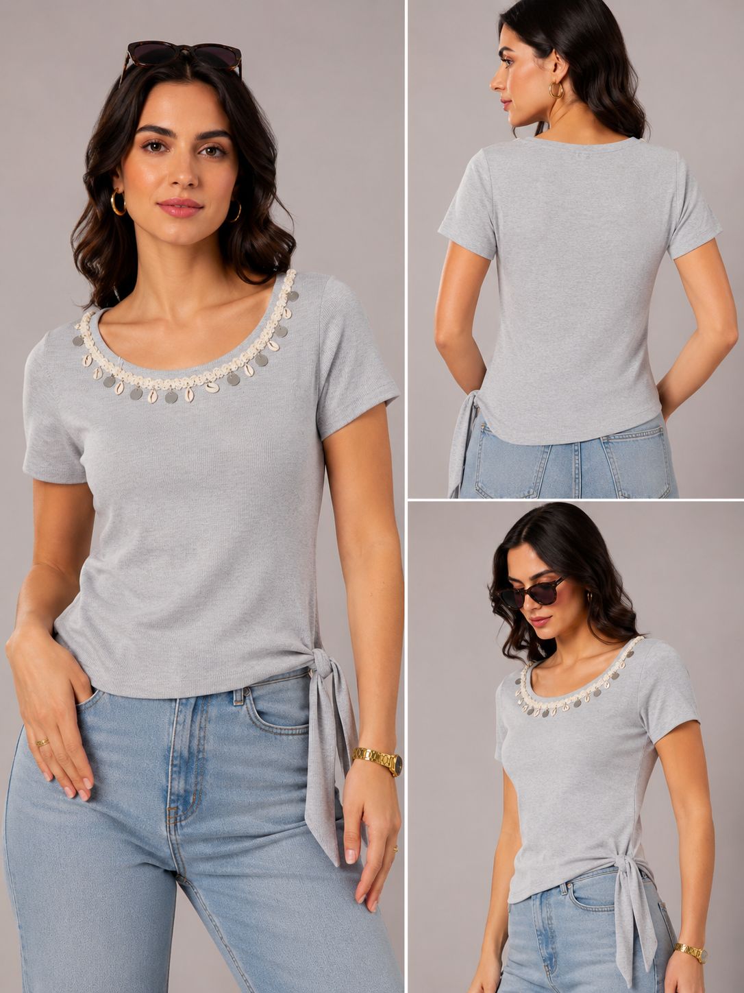 Gray Coin Charm Neckline Ribbed Top