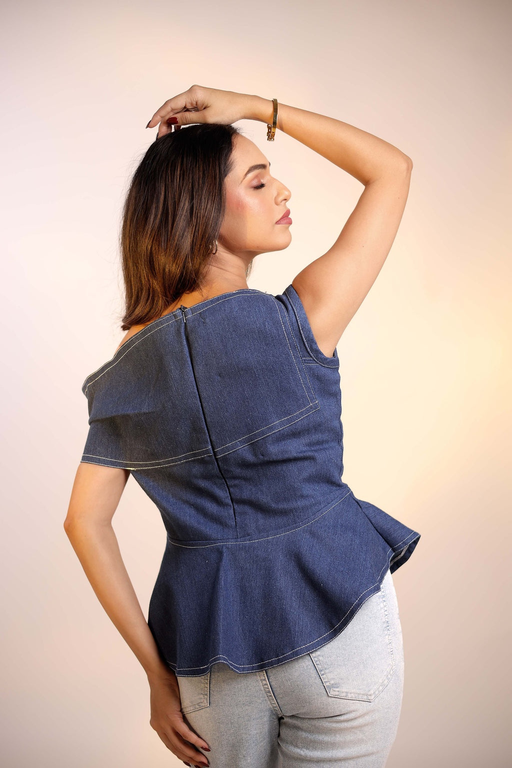 Asymmetric Denim Peplum Top — One Shoulder | Aethne