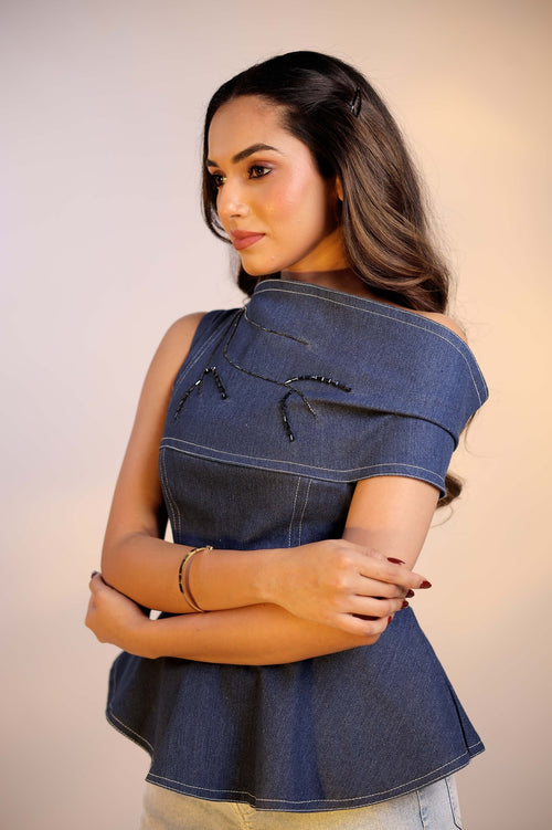 Asymmetric Denim Peplum Top — One Shoulder | Aethne