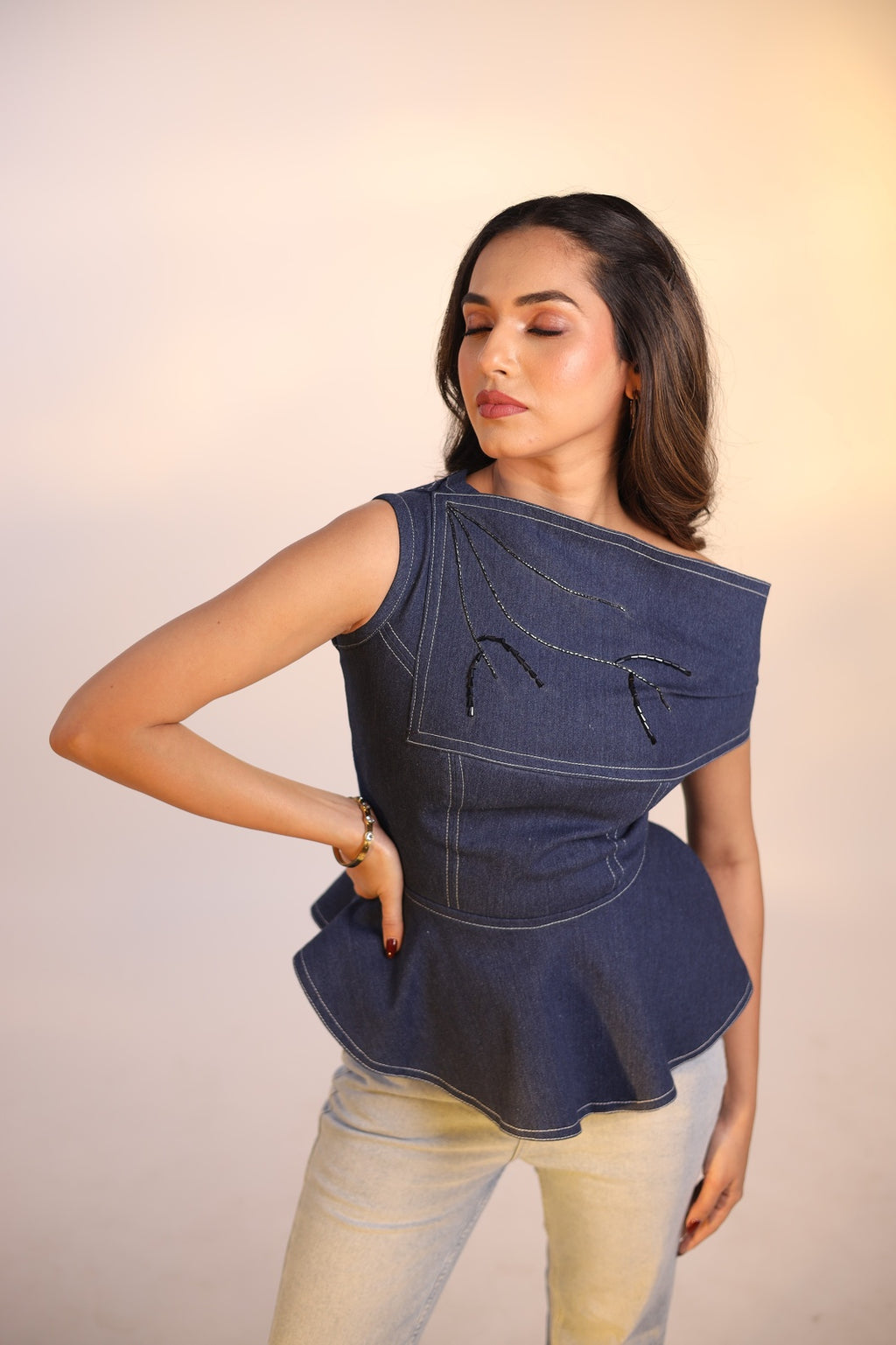 Asymmetric Denim Peplum Top — One Shoulder | Aethne