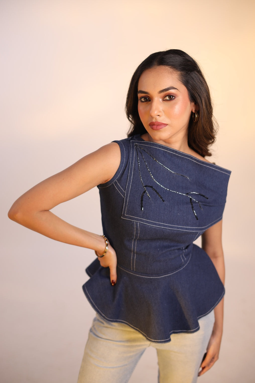 Asymmetric Denim Peplum Top — One Shoulder | Aethne
