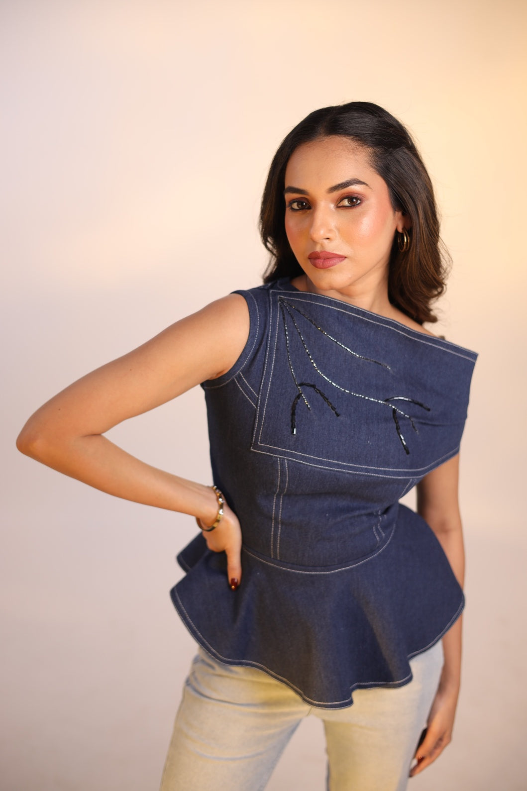 Asymmetric Denim Peplum Top — One Shoulder | Aethne