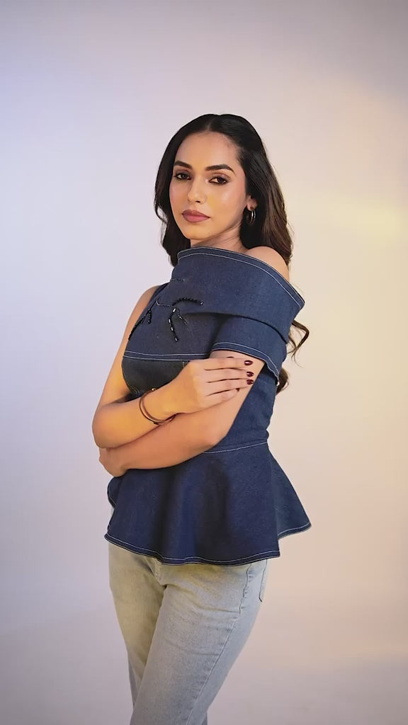 Asymmetric Denim Peplum Top — One Shoulder | Aethne