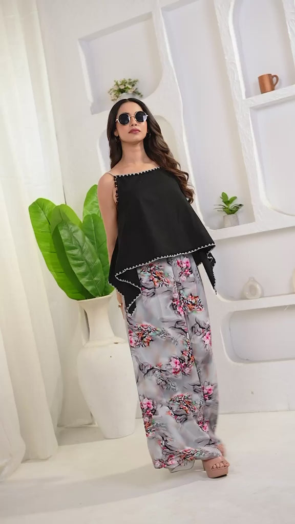 Black Peplum Top & Floral Palazzo Co-ord Set